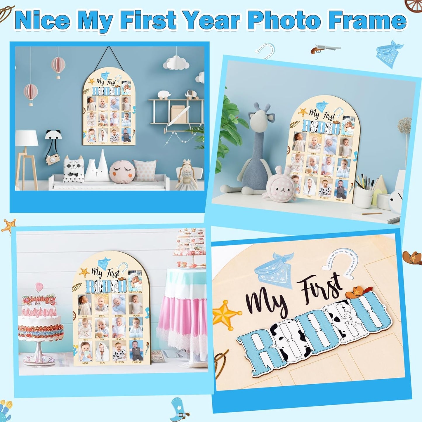 R HORSE 3D My First Rodeo Birthday Wood Photo Display Board, Blue Cowboy Baby's First Year Picture Frame, 1-12 Months Milestone Board Birthday Decorations Keepsake Gift for Baby Boys Nursery Decor