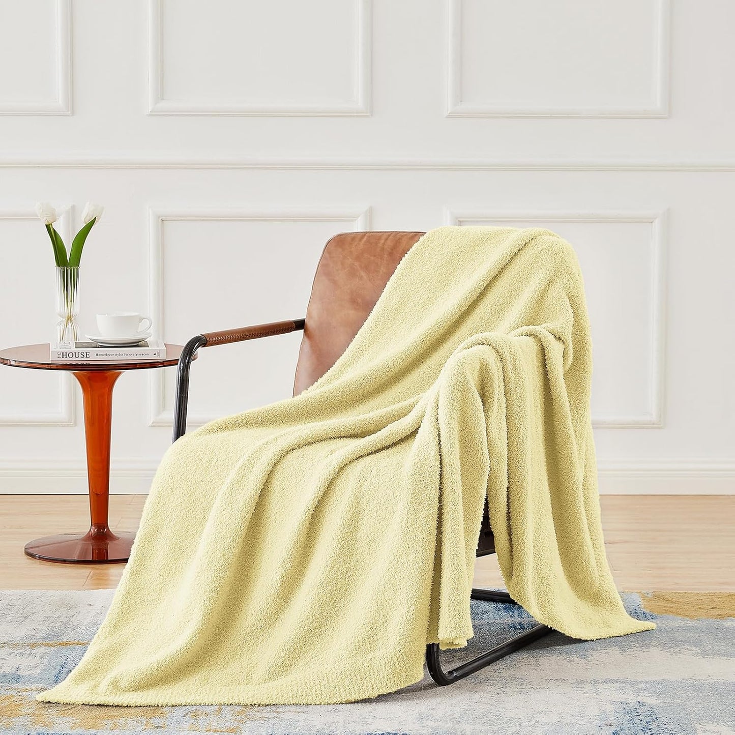CYMULA Knit Throw Blanket for Couch Yellow - Super Soft Lightweight Plush Fuzzy Fluffy Cozy Blankets and Throws for Sofa Bed, 60 x 80 inches