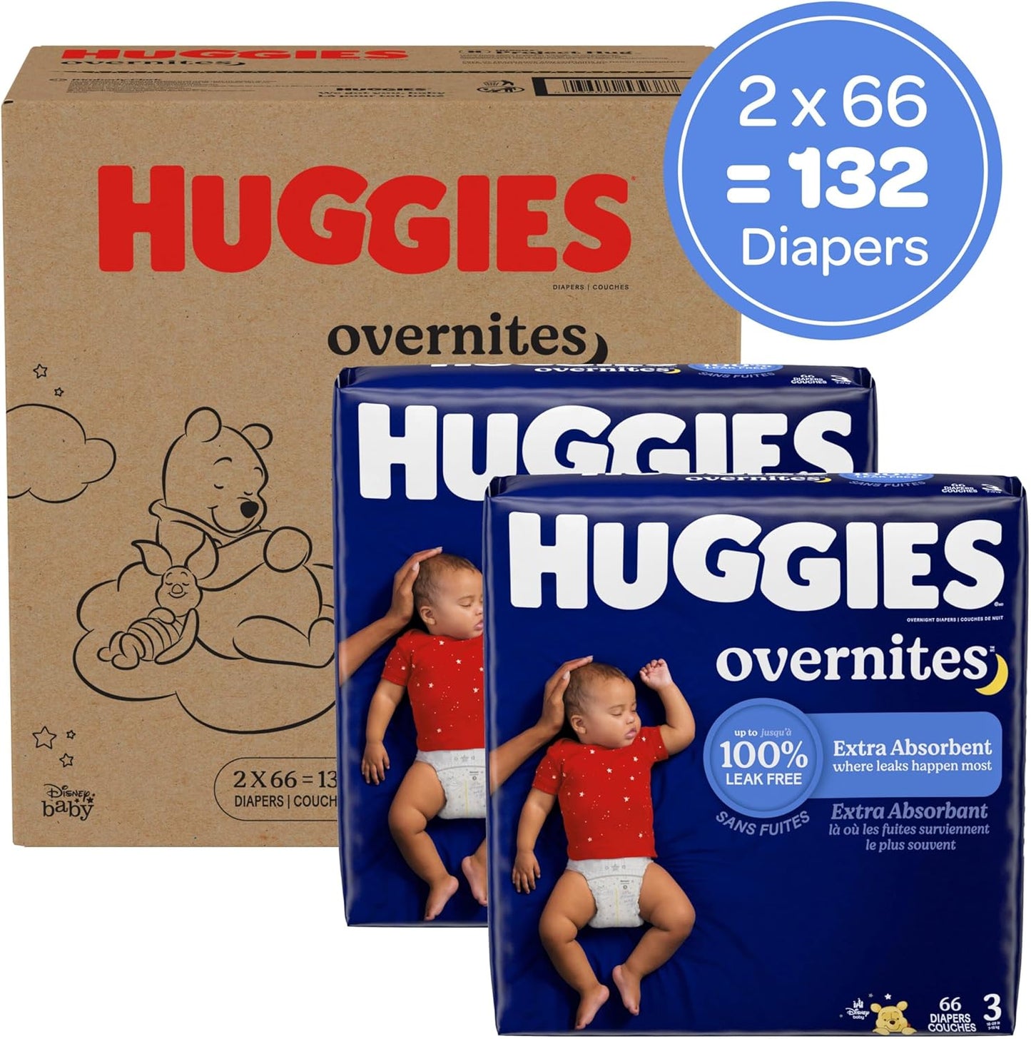 Huggies Size 3 Overnites Baby Diapers: Overnight Diapers, Size 3 (16-28 lbs), 132 Ct (2 Packs of 66), Packaging May Vary