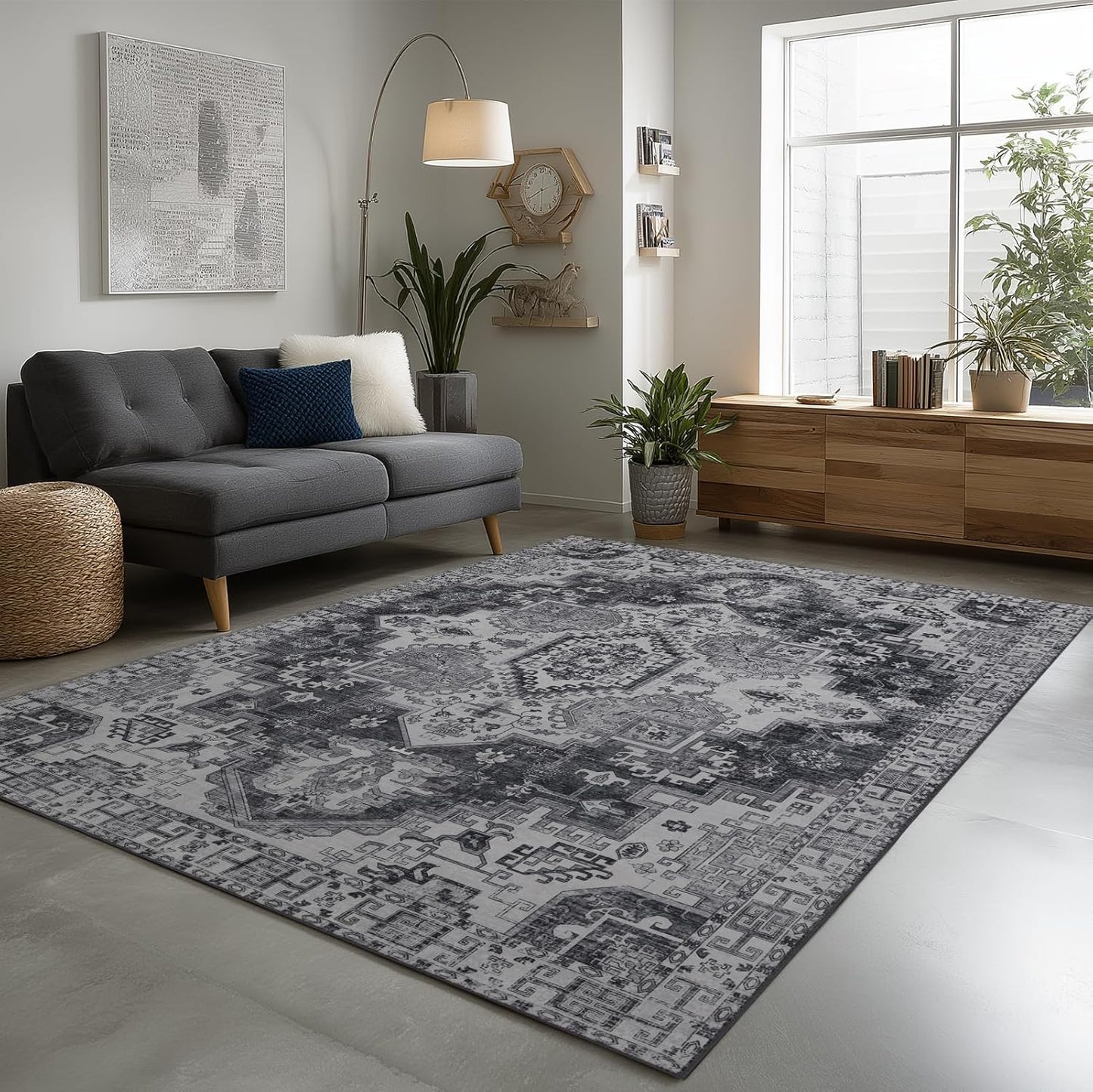 Washable Area Rugs 8x10, Large Rugs for Living Room, Carpet for Bedroom, Soft Faux Wool Retro Dining Room Rug, Non-Slip Backing Resistant Low Pile Vintage Print Rug for Home Office (Medium Gray)