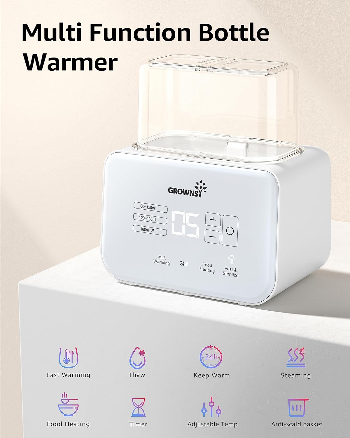 Baby Bottle Warmer, Grownsy 8-in-1 Fast Milk Warmer with Timer Breastmilk or Formula, Fits 2 Bottles, Accurate Temperature Control, with Defrost, Sterili-zing, Keep, Heat Baby Food Jars Function