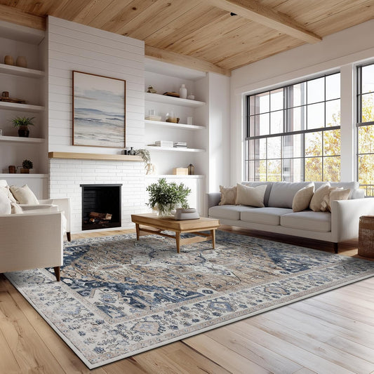 Washable 6x9 Area Rug for Living Room, Carpet for Bedroom Dining Room, Non Slip&Non-Shedding Resistant Low Pile Vintage Print Rug for Home Office (Taupe/Blue)