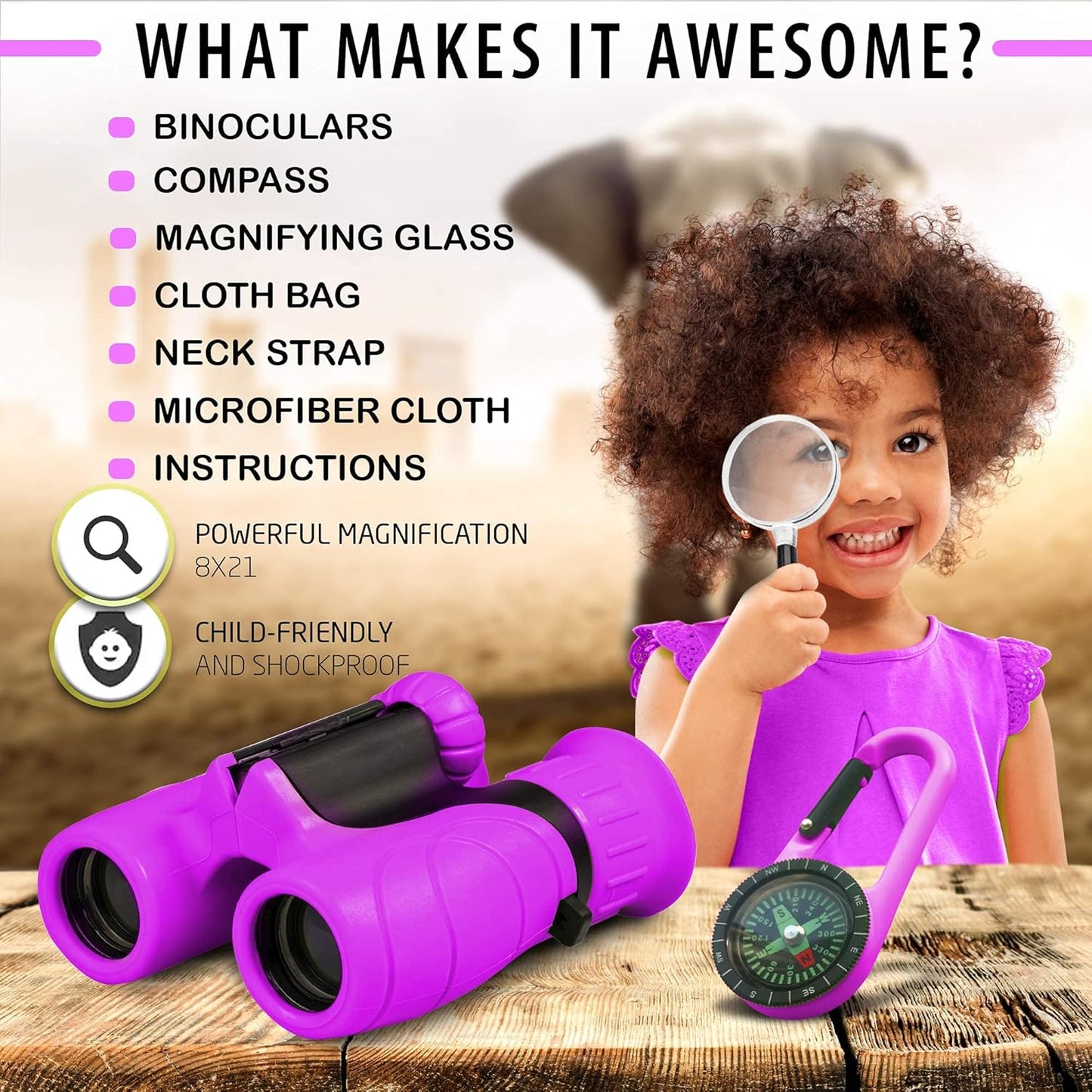 Promora Binoculars for Kids, Set with Magnifying Glass & Compass Purple - Perfect Toy for Little Boys and Girls, Kids Binoculars for 3-12 Years Boys and Girls Present for Toddler
