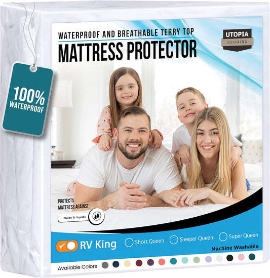 Utopia Bedding Waterproof Mattress Protector RV King Size, Premium Terry Mattress Cover 200 GSM, Breathable, Fitted Style with Stretchable Pockets (White)