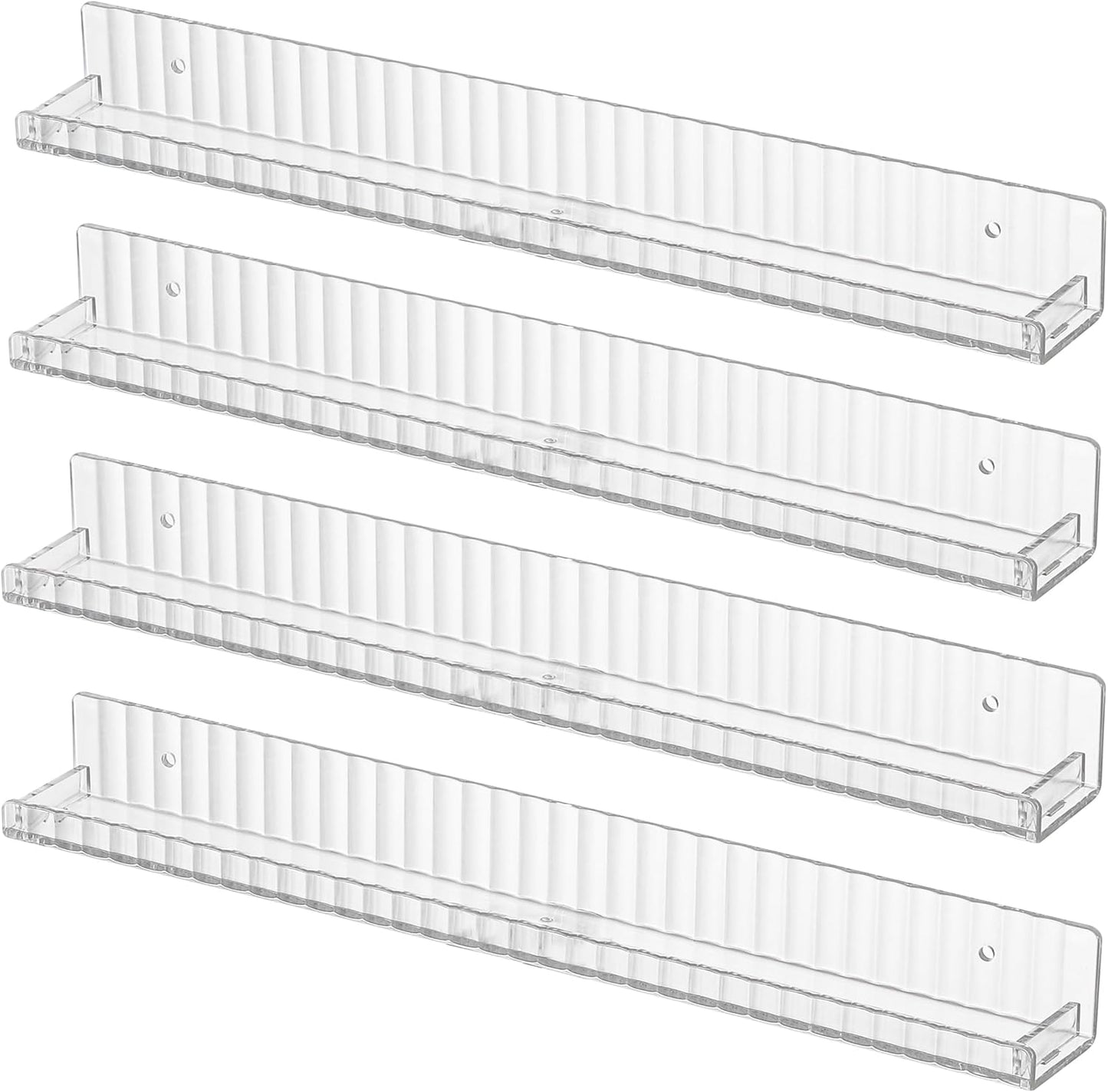 IEEK Floating Book Shelf for Wall,4 PCS Clear Acrylic Wall Bookshelf for Kids Room,Vertical Stripes Display Shelf with Removable Anti-Slip End Inserts for Bedroom Living Room Nursery Decor and Storage