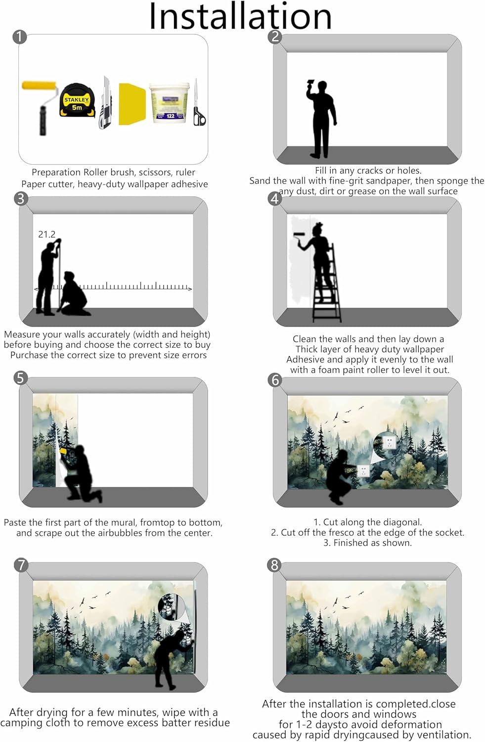 Green Watercolor Forest Wallpaper Woodland Nature Landscape Wall Mural for Living Room Bedroom Dining Room Office(Not Self-Adhesive)