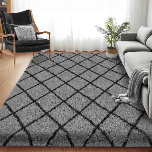 Fluffy Rug for Bedroom, 6X9Feet Stripe Checkered Rug Anti-Skid High Pile for Living Room Bedroom Kids Room Nursery, Dorm Home Decor