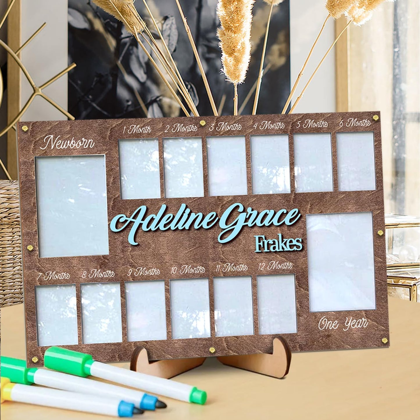 Personalized My First Year Photo Frame | 12 Months Picture Frame For Baby First Year | Displays Two 4x6 Photo and Twelve 2x3 Pictures | Birthday Party Decor Newborn Memory Keepsake, Style MP3