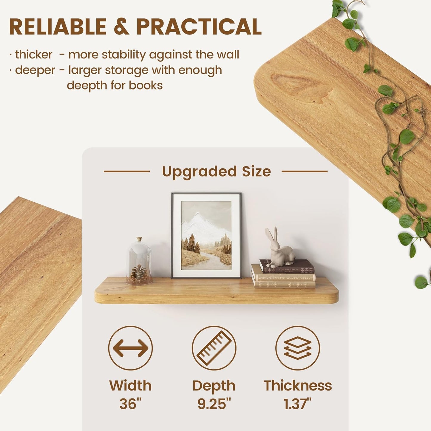 Rustic Elm Wood Floating Shelves for Wall Round Edge, 36"W x 9.2"D x 1.37"H, Set of 2 with Invisible Bracket, Wall Mounted Storage Shelves for Living Room Bedroom Kitchen Bathroom Decor, Natural