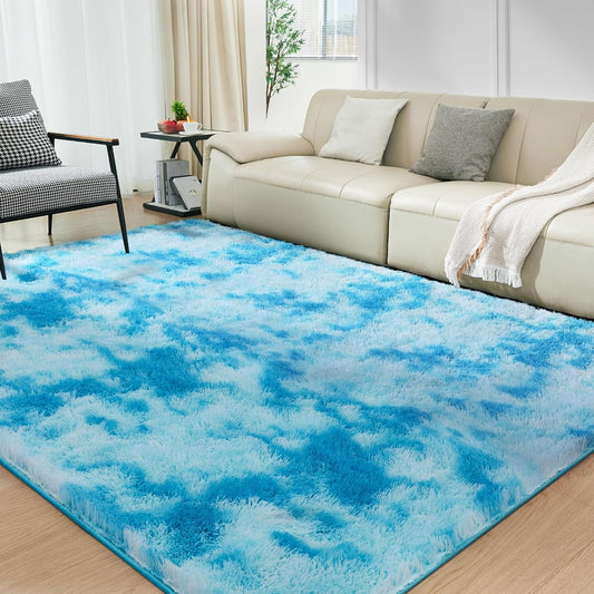 Luxury Shag Area Rug, 3X4 Indoor Ultra Soft Plush Rugs for Living Room, Carpet for Kids Boys Girls Dorm Nursery Home Decor Aesthetic, Upgrade Anti-Skid Durable, Tie-Dyed Blue