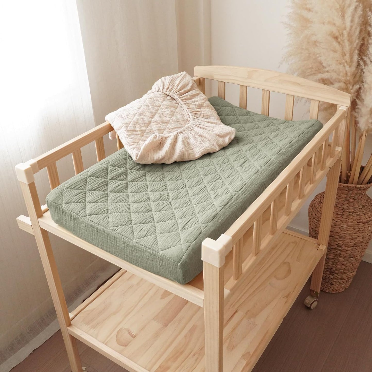 Konssy Waterproof Muslin Changing Pad Cover 2 Pack, Quilted Cotton Fitted Diaper Chang Table Cover, Soft Changing Pad Sheets for Girls Boys (Fog Green,Cream)