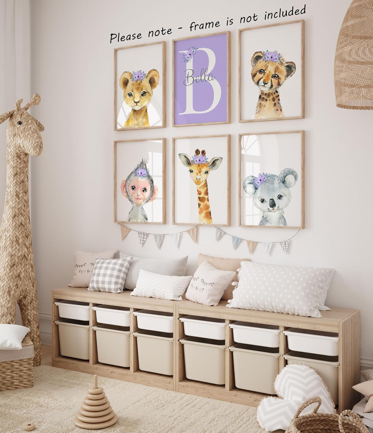 Personalized Safari Animals for Baby Girls Nursery, Set of 6 Unframed Poster Prints, Personalized Name Pink Lilac Floral, Girls Bedroom Decor, Elephant Giraffe (11x14)