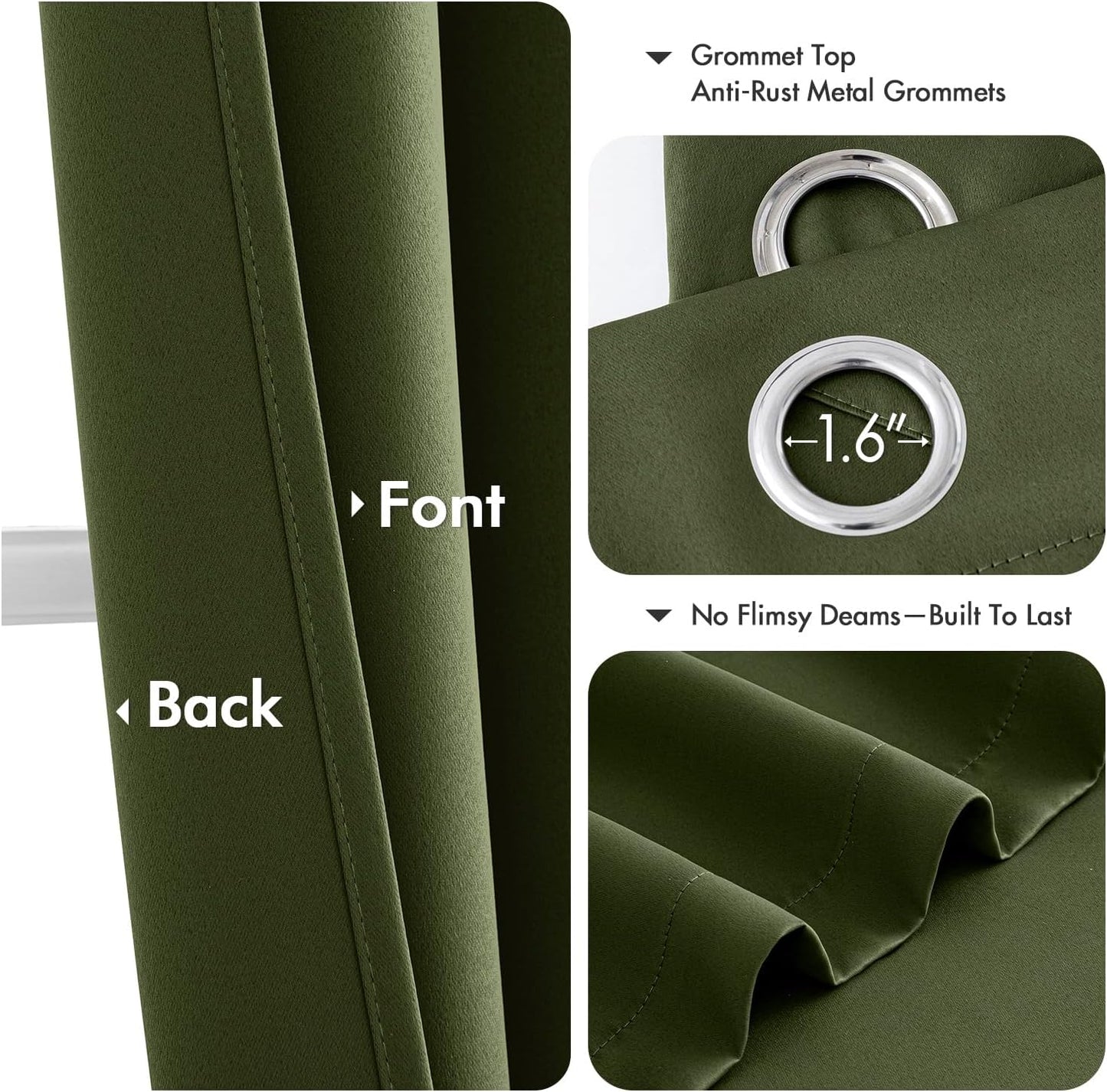 MIULEE Olive Green Blackout Curtains for Bedroom Living Room 63 Inches Long 2 Panels, Thermal Insulated Room Darkening Drapes Solid Grommet Top Noise Reducing Dark Green Window Treatments 40x63 Inch