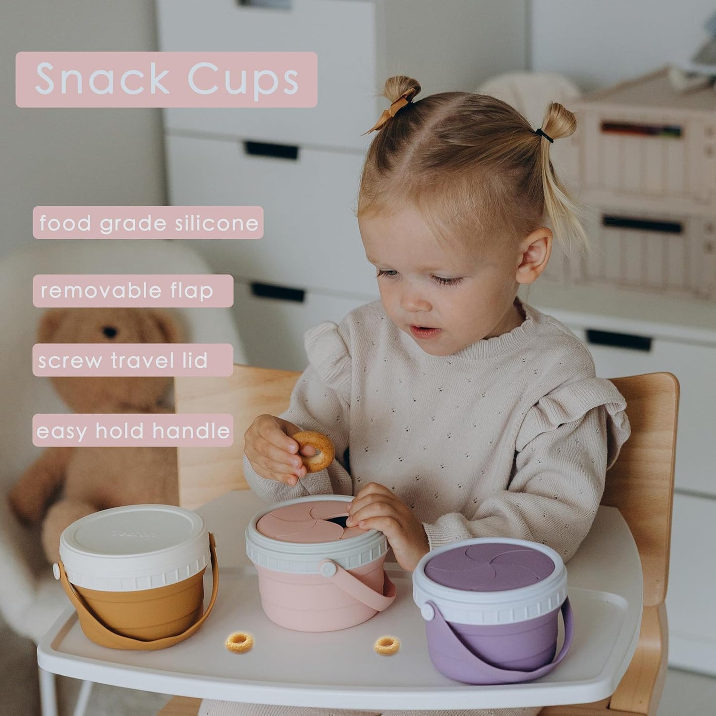 No Spill Silicone Toddler Snack Containers, Detachable Silicone Flap for Filling&Cleaning, Crumb-Free Hard Plastic Screw Travel Lid, Ultra-Soft for Baby Kids Hand In-Out, Snack Cup Holder 12 oz