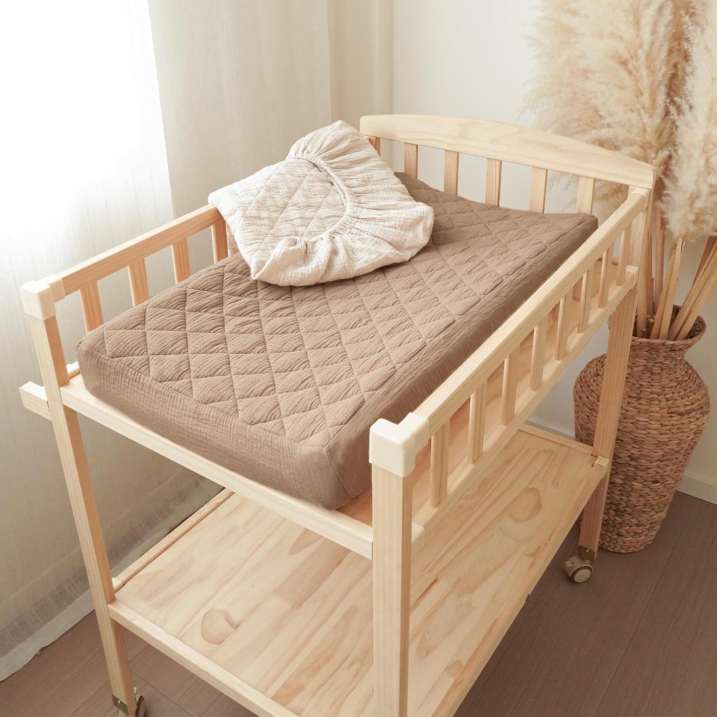 Konssy Waterproof Muslin Changing Pad Cover 2 Pack, Quilted Cotton Fitted Diaper Changing Table Cover, Soft Changing Pad Sheets for Girls Boys (Brown, Cream)