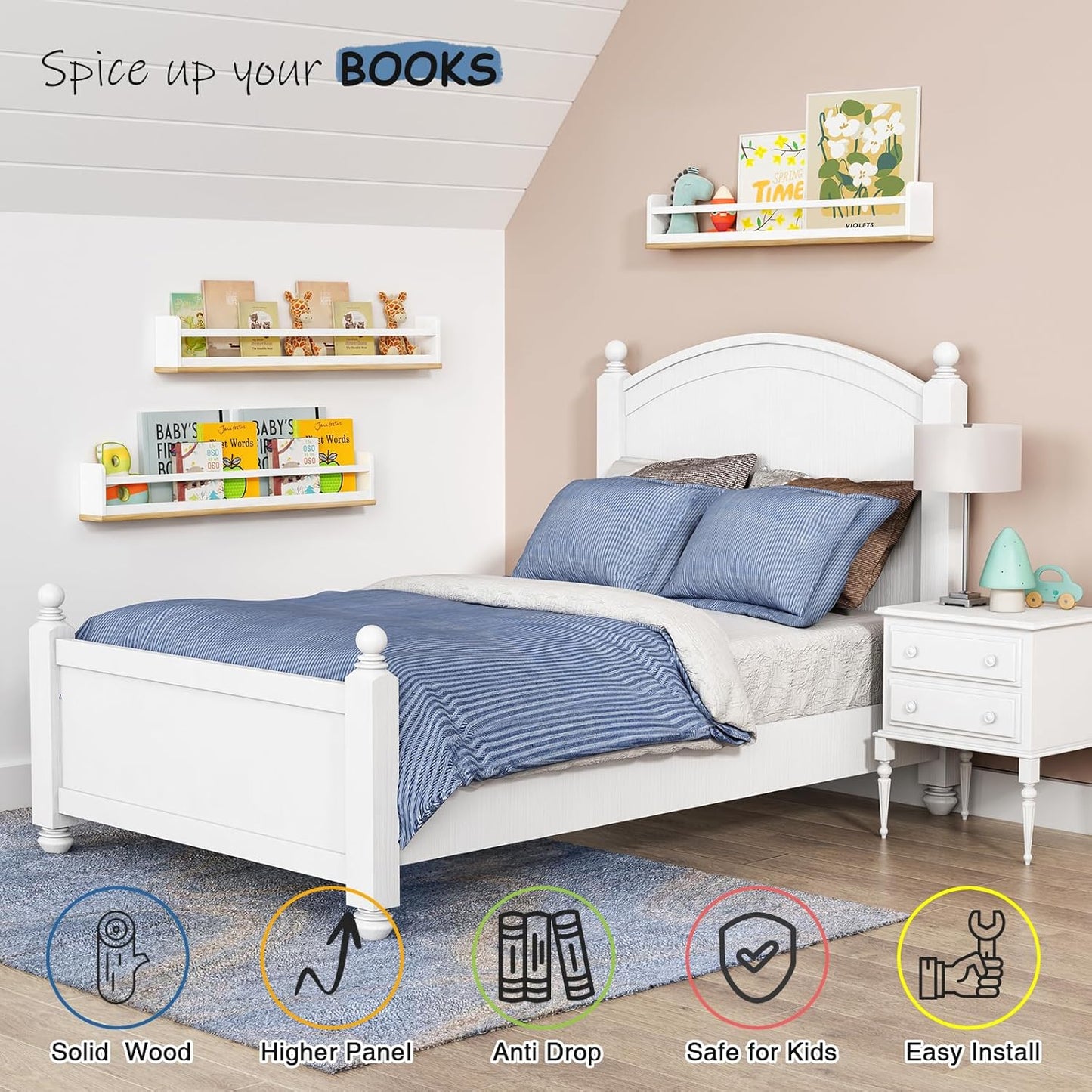 Upgraded Wall Bookshelf for Kids Room 36 Inches Long, White and Wood Nursery Floating Bookshelves for Wall, Hanging Book Shelves for Toddler Kid Child Bedoom Classroom Library-Set of 3