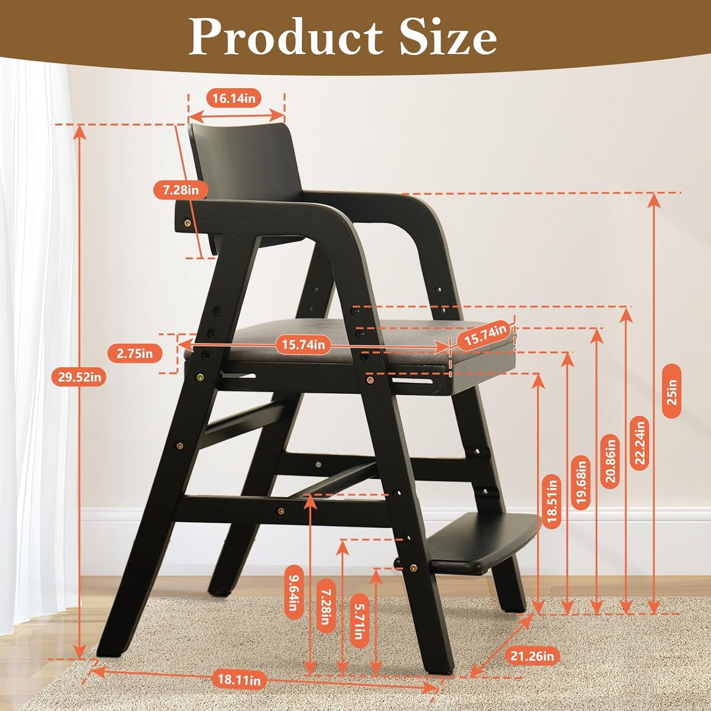 Solid Wood High Chair for Toddlers to Teens, Adjustable Height Toddler Dining Chair, Easy to Clean Toddler Highchair with Removable PU Cushion for Dining, Studying, Step Tool, Black