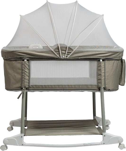 Newborn Portable Bassinet on Wheels for Baby 3 in 1 Bedside Sleeper Rocking Crib Playard with Breathable Mesh Cover Detachable Mosquito Net and Music Box Multi Mode(Light Grey)