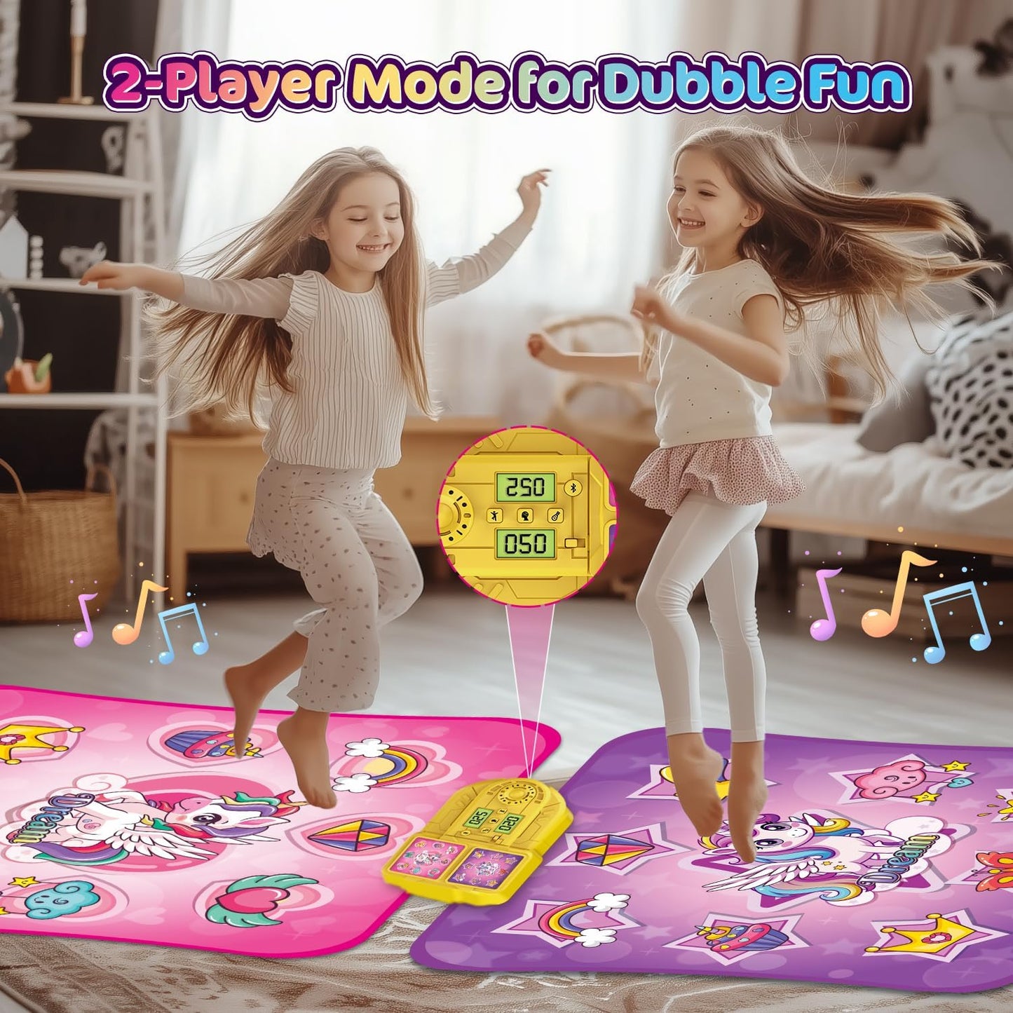 VATOS Double Dance Mat for Girls - 4 Game Modes & 9 Challenge Levels with Adjustable Volume, Led Light & Wireless Bluetooth | Music Play Mat Birthday Gifts Toys for Kids Ages 3 4 5 6 7 8 9+ Years Olds