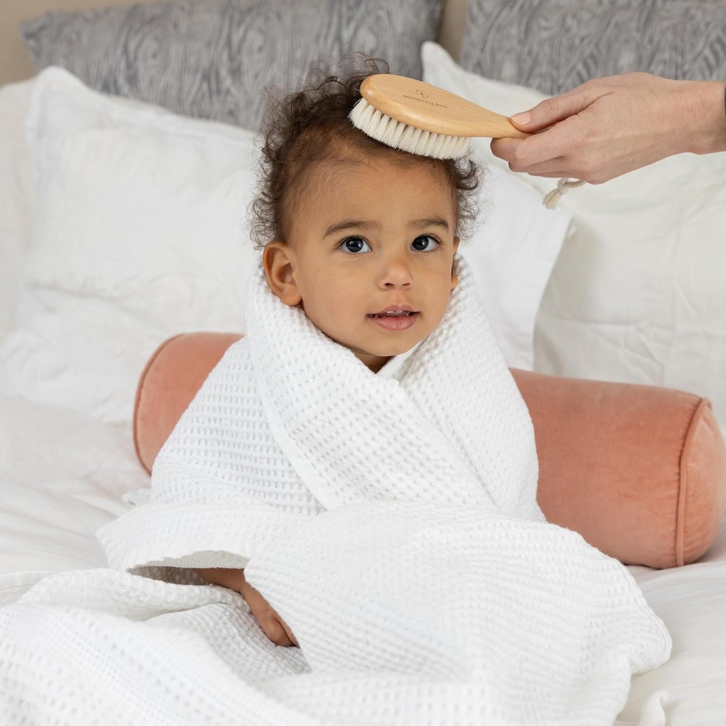 Natural Baby Brush Set - Wooden Brushes and Comb With Boho Travel Bag for Girl or Boy - Soft Goat Hair Brush for Cradle Cap, Bamboo Toddler Brush, Newborn Hairbrush for Scalp Grooming