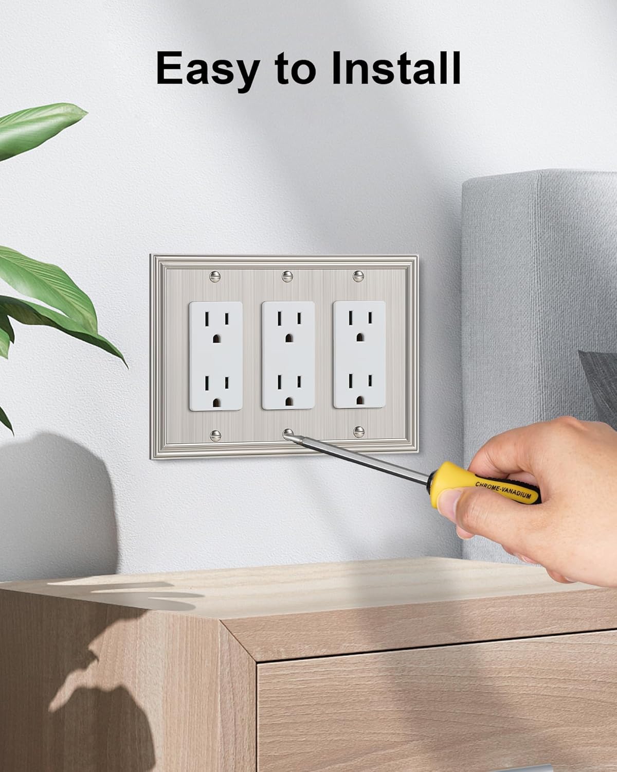 2-Pack Decorative Tripple Decorator Outlet Cover Plate, Durable Zinc Alloy Brushed Nickel Wall Plates for Electrical Outlets, Receptacle, GFCI Outlet, Dimmer Switch, 3-Gang