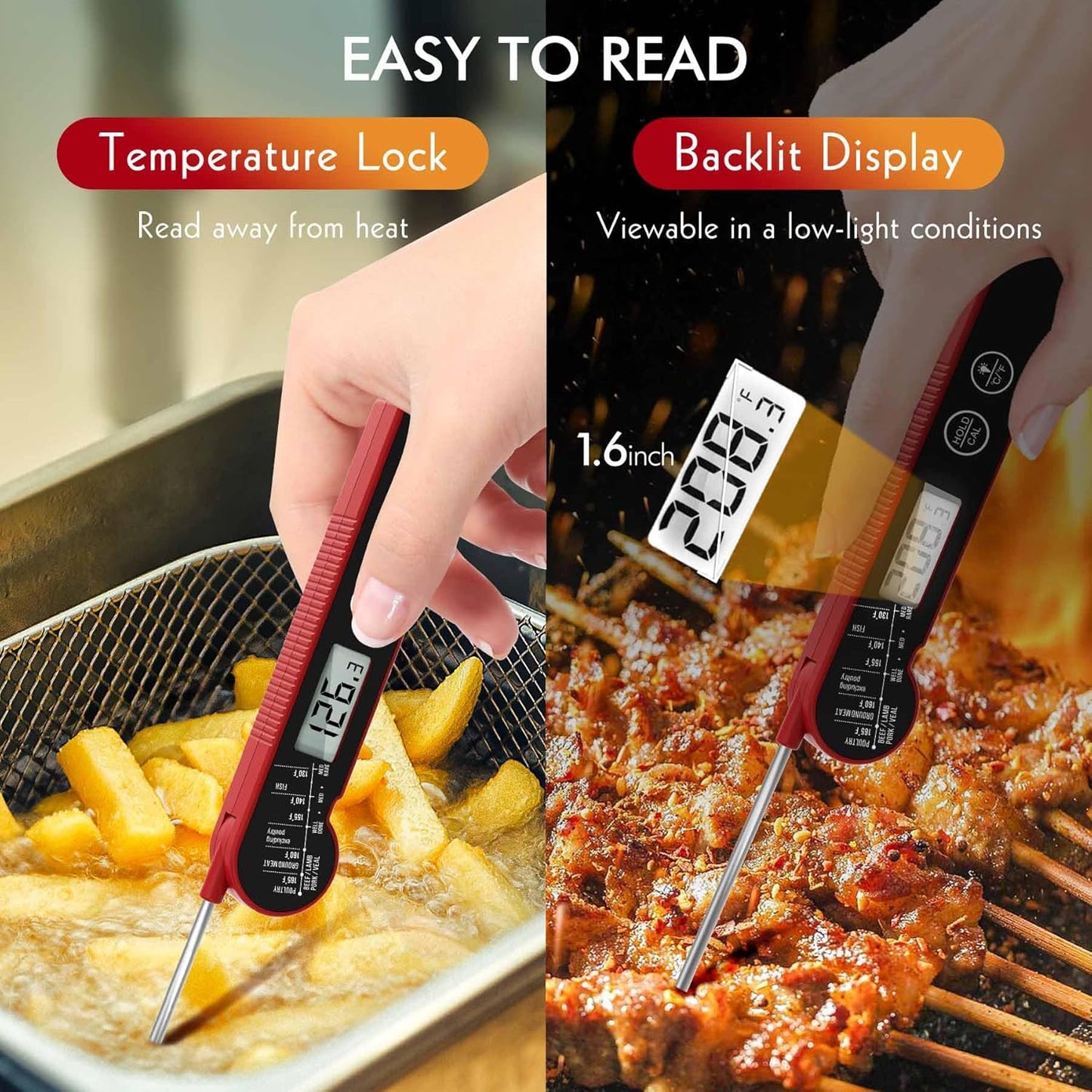 Meat Thermometer Digital with Backlight, Calibration & Hold Function, IP65 Waterproof Food Thermometer for Cooking, Outdoor Grilling, Candy Making