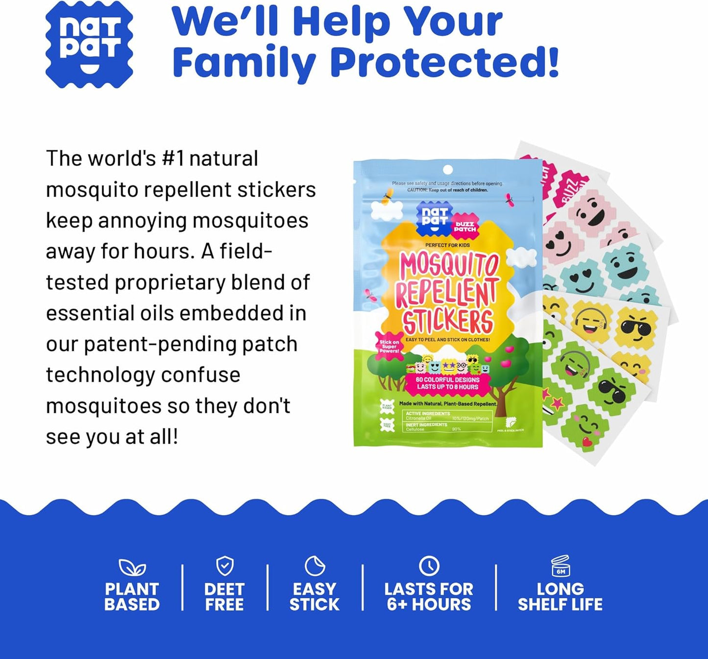 BuzzPatch Mosquito Patch Stickers for Kids (60 Pack) - All Natural, Plant Based Ingredients, Non-Toxic, DEET Free, Citronella Essential Oil Insect Patches, for Toddlers, Babies, Children (2)