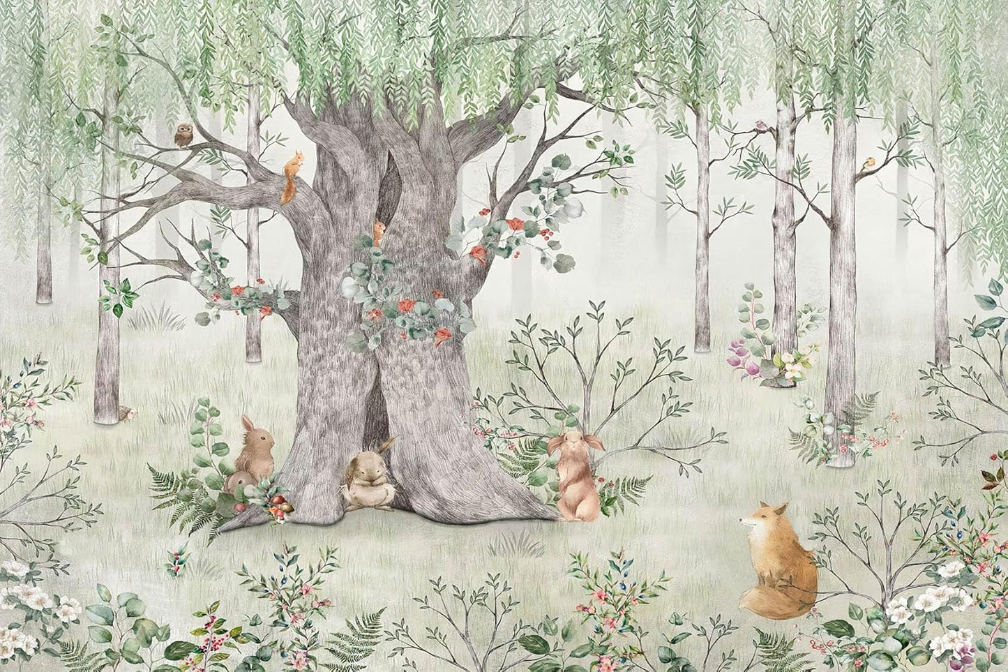 Watercolor Forest Animals Wallpaper Kids Large Tree Mural Wallpaper for Kids Bedroom Living Room(Not Self-Adhesive)
