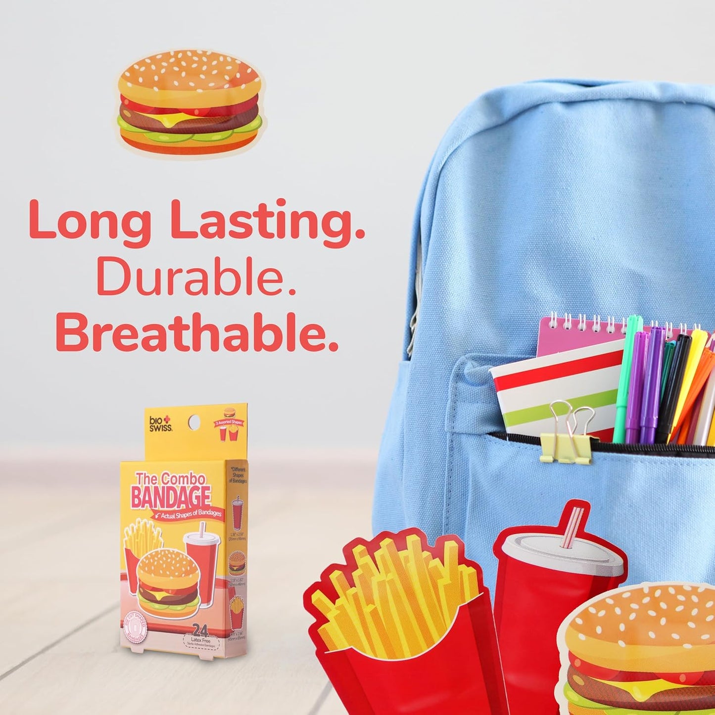 BioSwiss Bandages, Combo Meal Shaped Self Adhesive Bandage, Latex Free Sterile Wound Care, Fun First Aid Kit Supplies for Kids, 24 Count