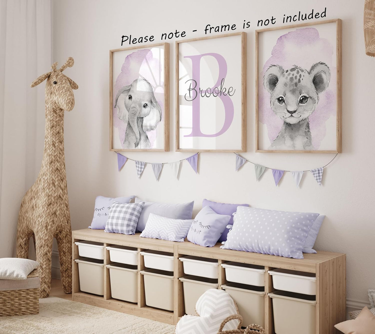 Safari Animals Set of 3 Unframed Poster Prints for Baby Girls Nursery Bedroom Playroom, Personalized Name, Choice of 12 Animals, Pink Purple (12x16)