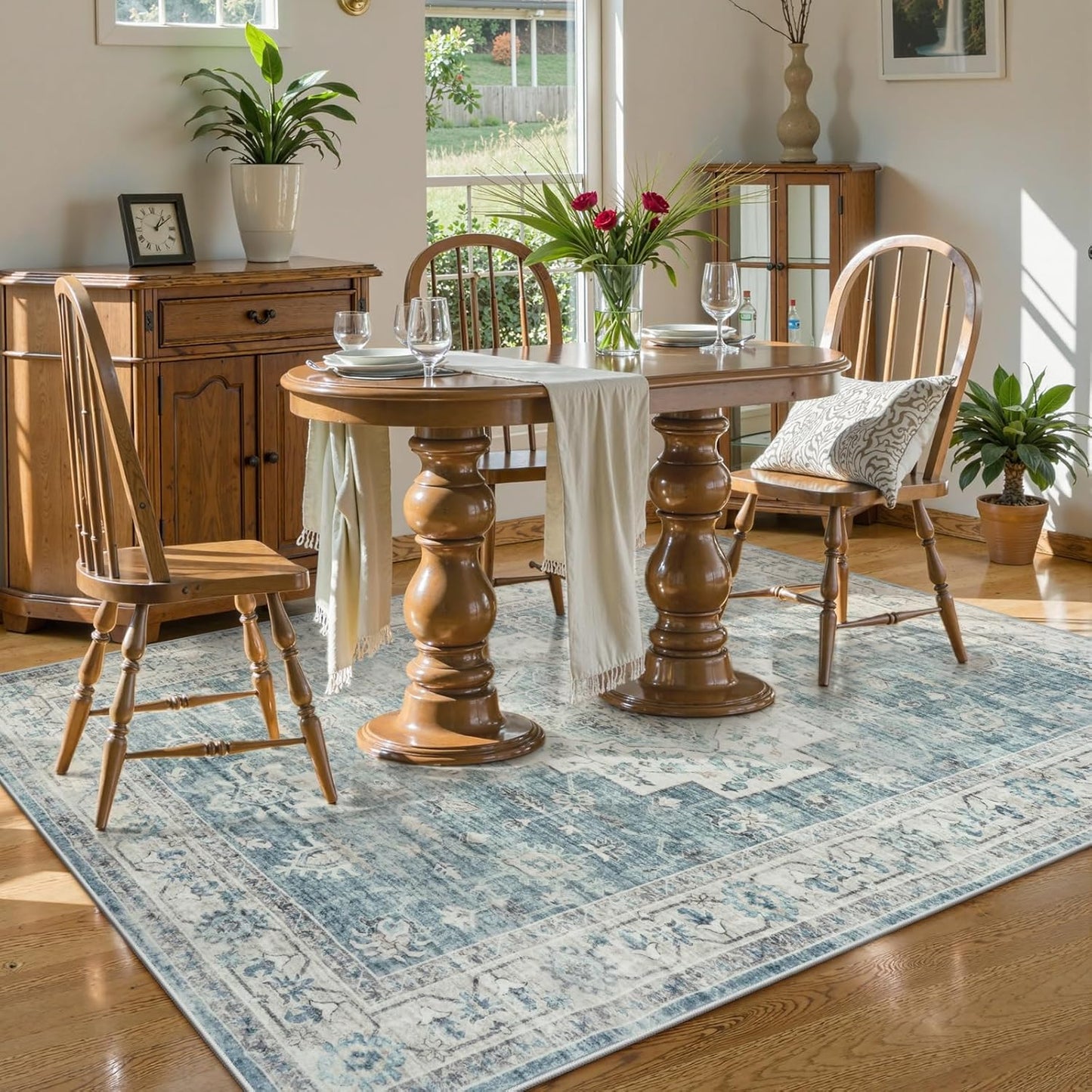 LIVEBOX Bedroom 4x6 Washable Area Rug for Entryway Kitchen, Non-Slip Soft Boho Rugs for Dining Room Office, Farmhouse Low-Pile Neutral Soft Carpet for Nursery Room Playroom, Blue