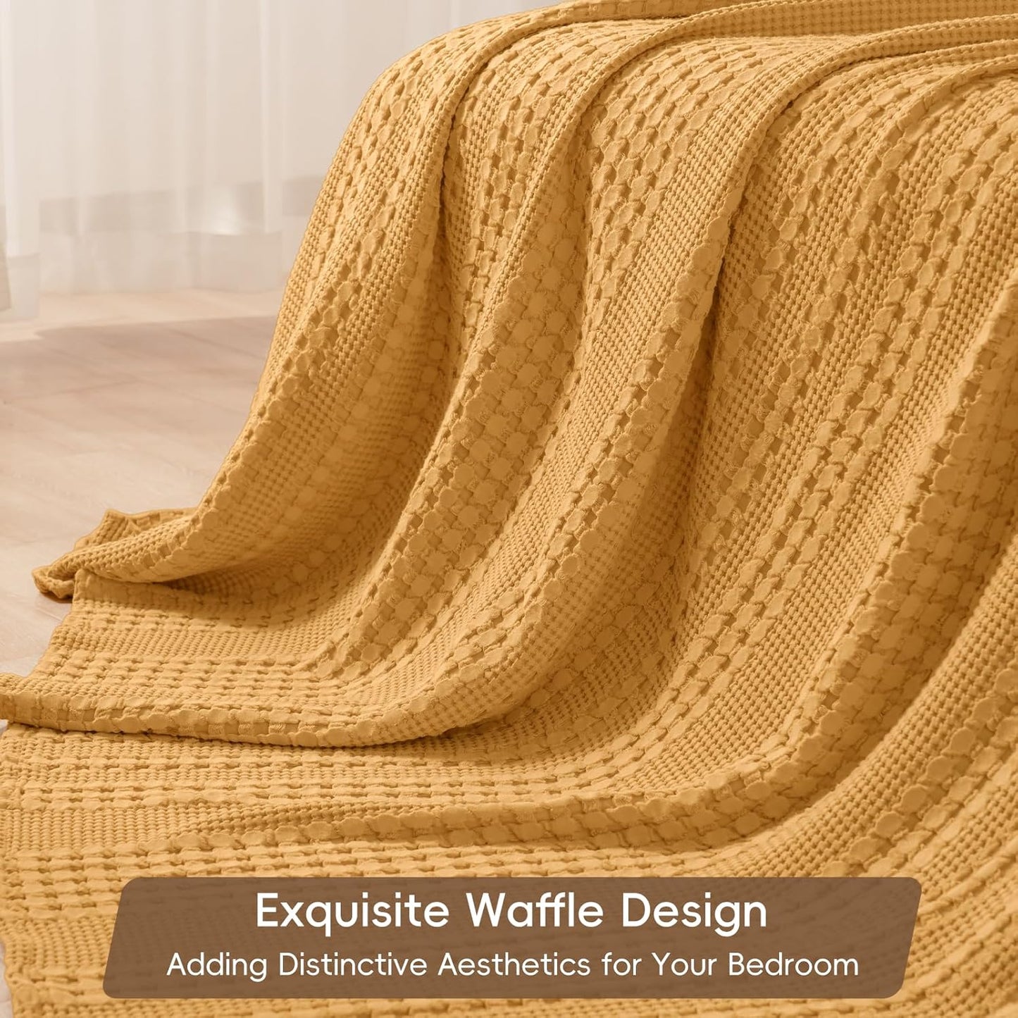 PHF 100% Cotton Waffle Weave Blanket Queen Size for Bed, Lightweight Washed Cotton Blanket - 90"x90" Aesthetic Soft Woven and Breathable Blanket for Sofa Home Decor - Ginger Yellow
