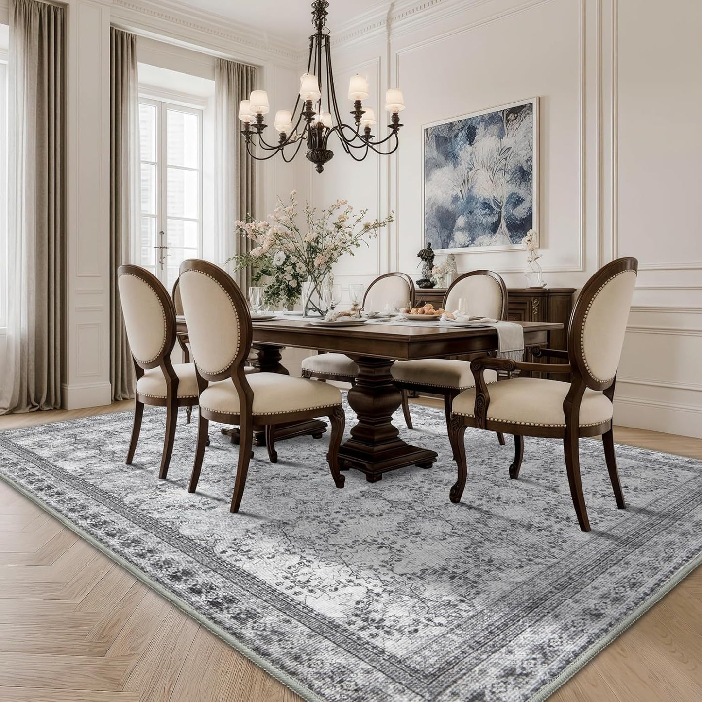 4x6 Area Rug for Bedroom Machine Washable, Non Slip Vintage Floral Kitchen Rugs for Dining Room,Rustic Indoor Floor Carpet for Kids Room, Playroom, Office Classroom Faded Grey