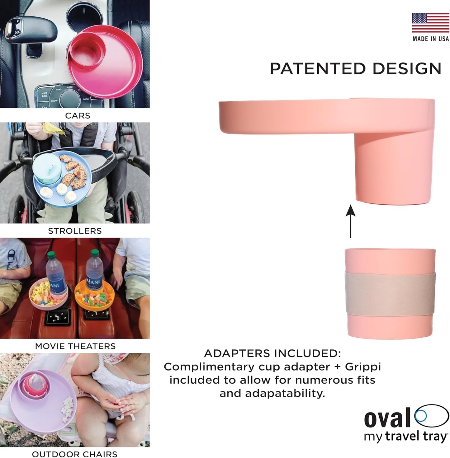 Travel Tray Oval USA Made Extend Your Current Cup Holder to Hold Your Cup Plus A Tray for Snacks, Toys and Accessories. Use in a Car Seat, Booster, Stroller, Golf Cart, Outdoor Chair, (Peach)