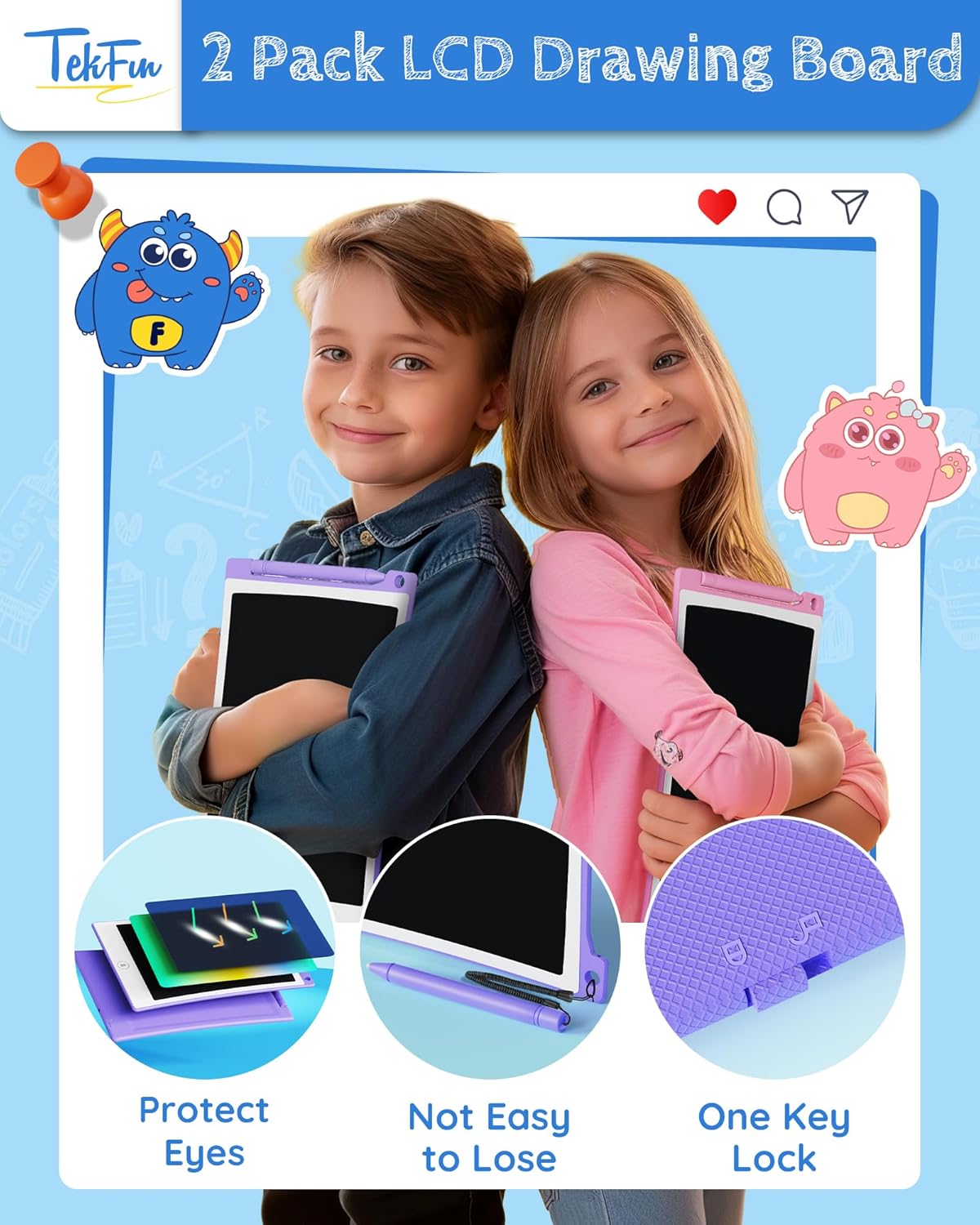 TEKFUN 10in 2 Pack LCD Writing Tablet Coloring Doodle Board Drawing Sketch Pad for Kids with Anti-Lost Stylus, Car Trip Educational Kids Toys Birthday for 3 4 5 6 7 Girls Toddlers