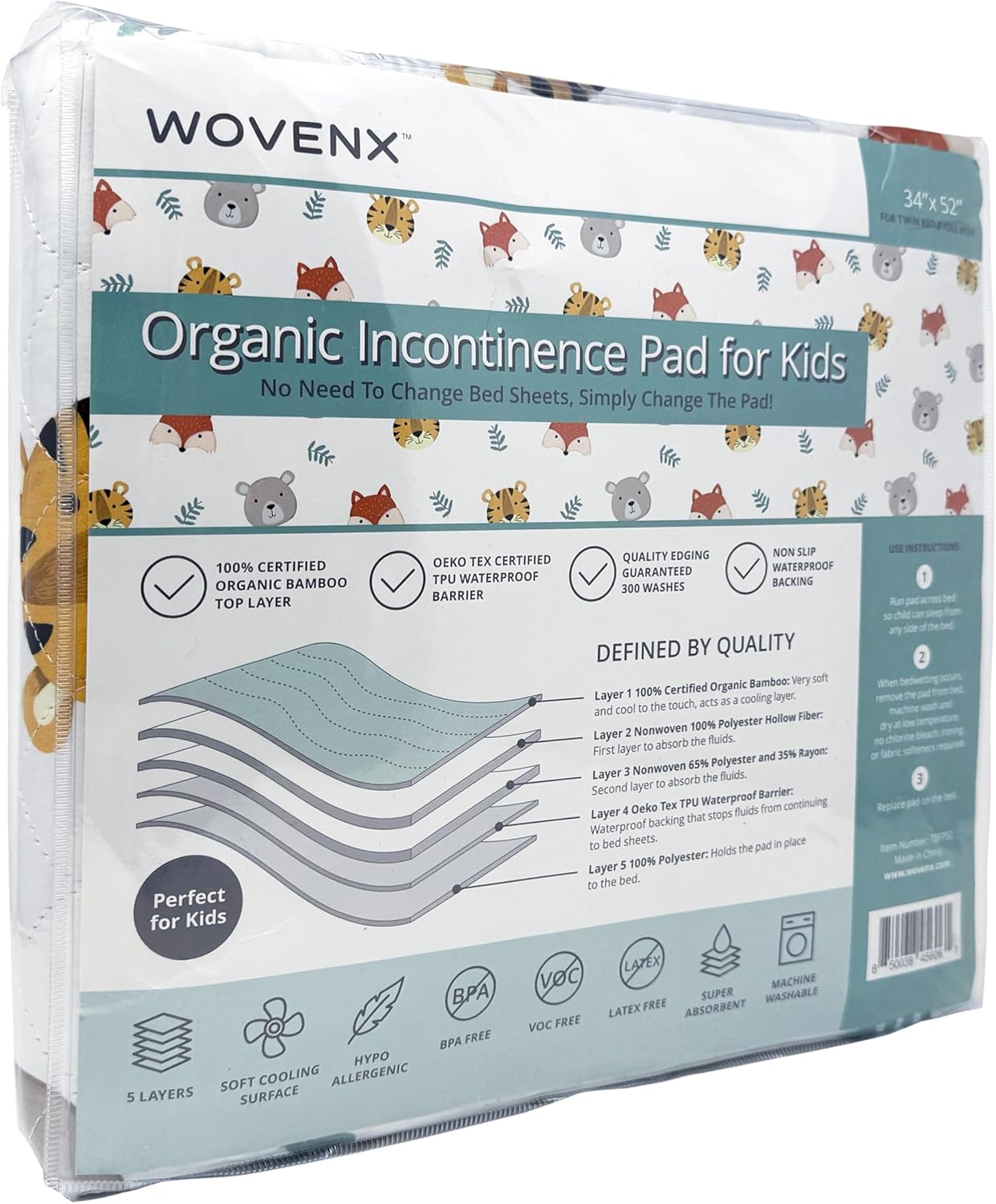 Organic Incontinence Pads for Kids & Toddlers - 5 Layer Waterproof Protectors for Overnight Bed Wetting - Reusable & Washable Pee Pads - Fits Twin to Full Size Beds - 34" x 52" Tiger Bear Fox