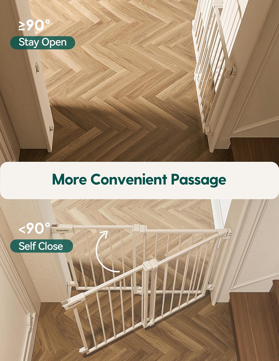 Babelio 29.7-46.5" No Bottom Bar Baby/Dog Gate for Stairs, House and Doorways, Auto Close Safety Pet Gates with Large Walk Thru Door, Hardware Mount, White