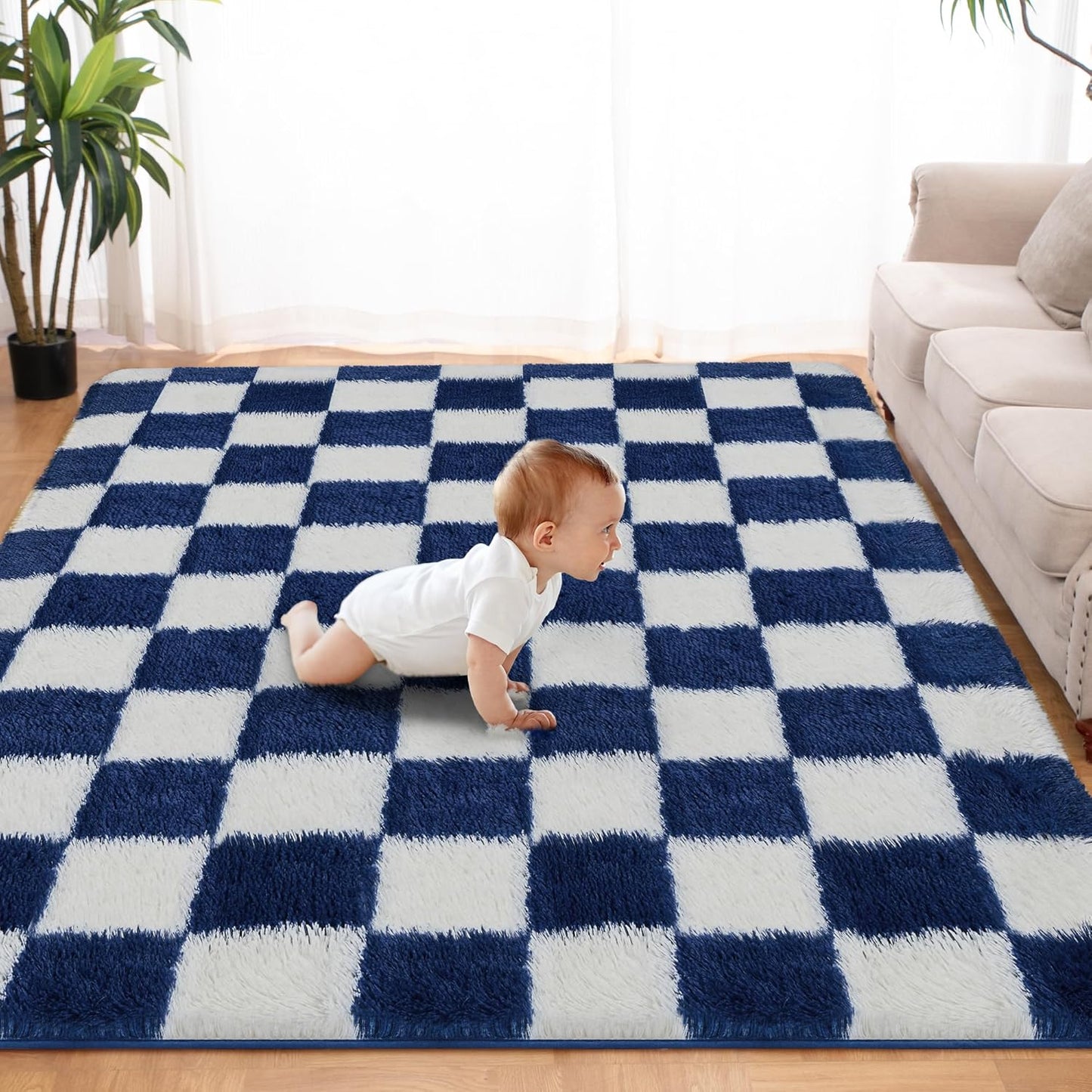 Super Soft Rug for Bedroom, 8x10 ft Blue and White Area Rug Classic Checkered Shaggy Anti-Skid High Pile Soft Fluffy Rug Fuzzy Carpet for Living Room Bedroom Kids Room Nursery, Dorm