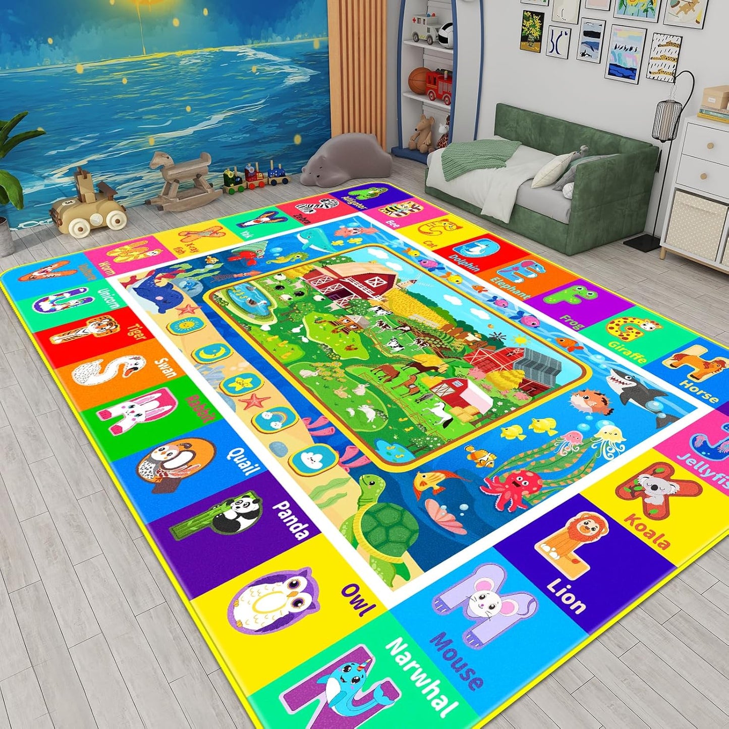 Kids Rug for Playroom, Kids Baby Playmat with Farm Sea Animal, Alphabet ABC Educational Rug, Floor Play Mat Carpet for Bedroom Preschool Classroom (59 X 39.4 INCH, Farm)