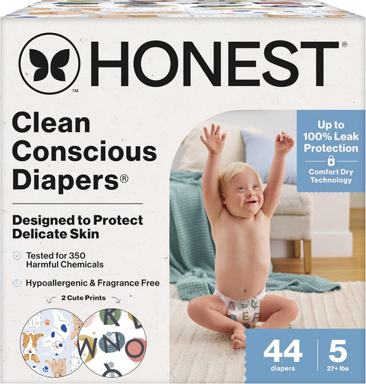 The Honest Company Clean Conscious Diapers for Delicate Skin | Up to 100% Leakproof | Hypoallergenic, Fragrance Free | Gender Neutral | Club Box, Size 5 (27+ lbs), 44 Count (Prints May Vary)