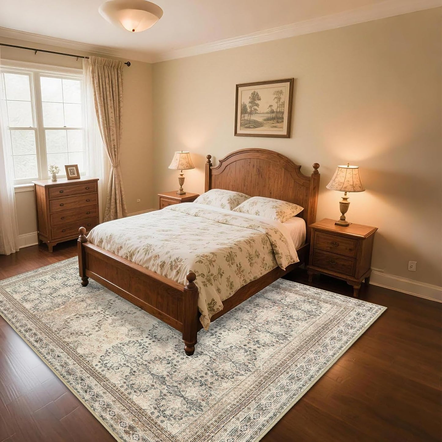 Large 8x10 Washable Area Rug for Living Room, No Shedding Vintage Floral Print Rugs Non Slip, Indoor Foldable Thin Retro Accent Carpet for Bedroom Farmhouse Dining Room Beige/Pink/Orange