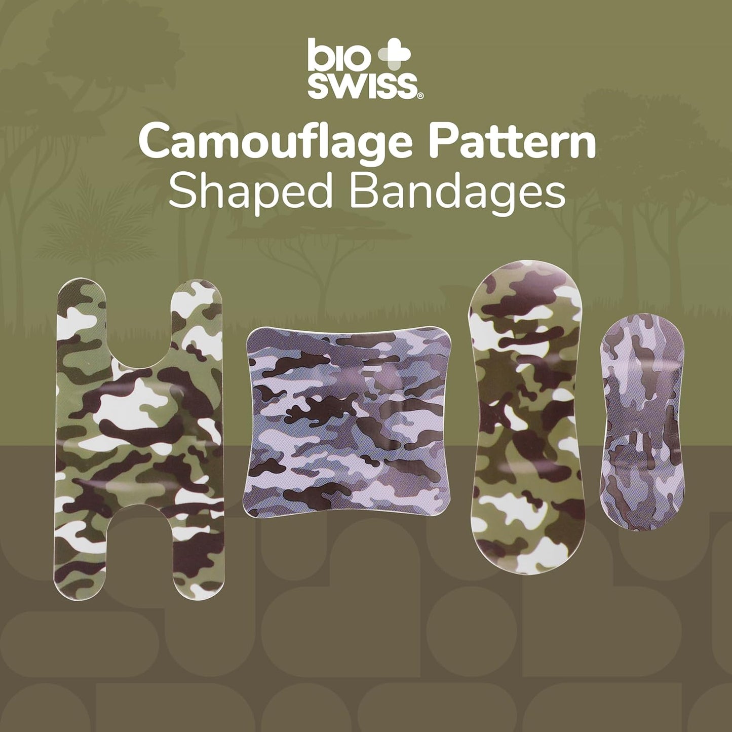 BioSwiss Bandages, Assorted Size Camoflauge Print Self Adhesive Bandage, Latex Free Sterile Wound Care, First Aid Kit Supplies for Kids and Adults, 60 Count