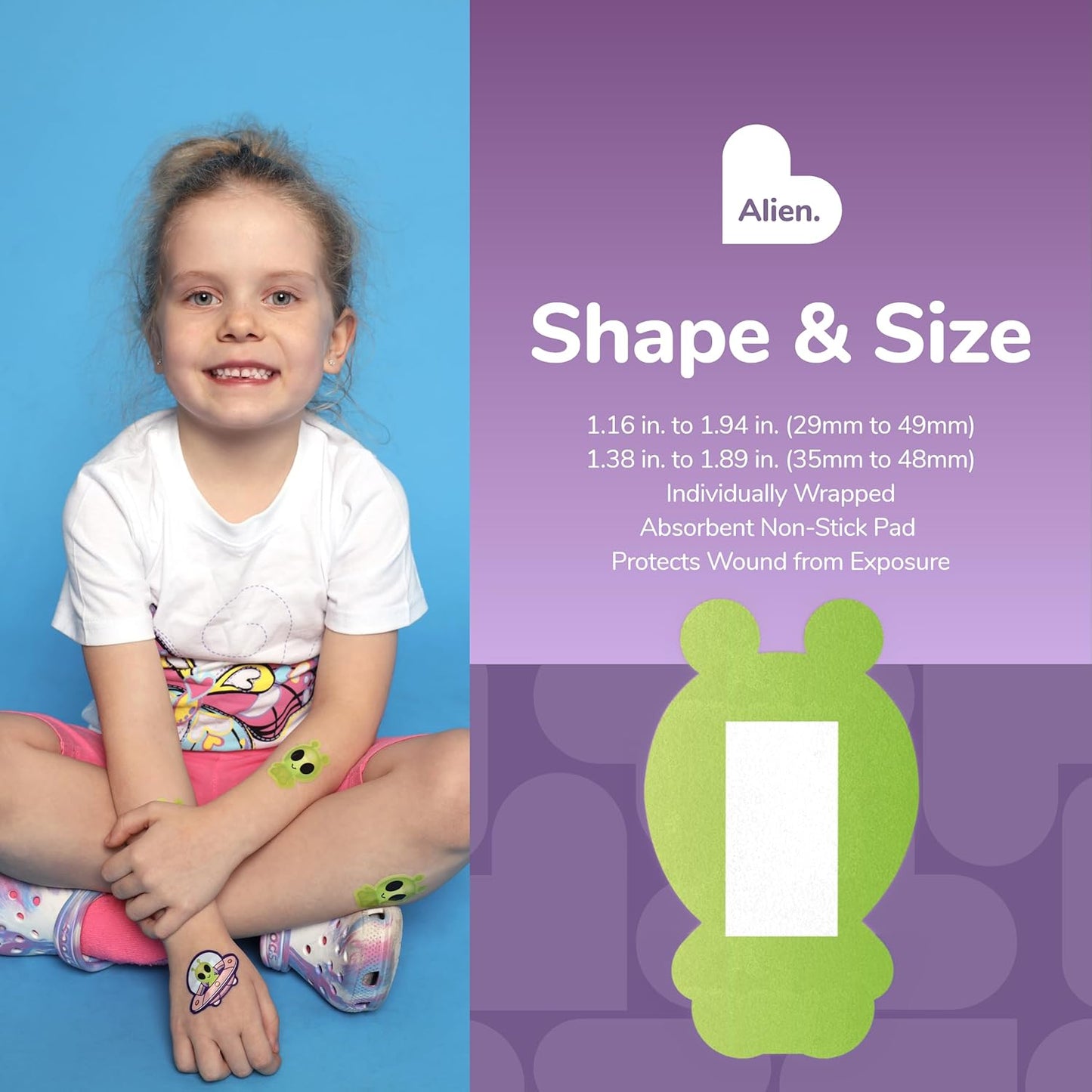 BioSwiss Bandages, Halloween Alien Shaped Self Adhesive Bandage, Latex Free Sterile Wound Care, Fun First Aid Kit Supplies for Kids, 50 Count