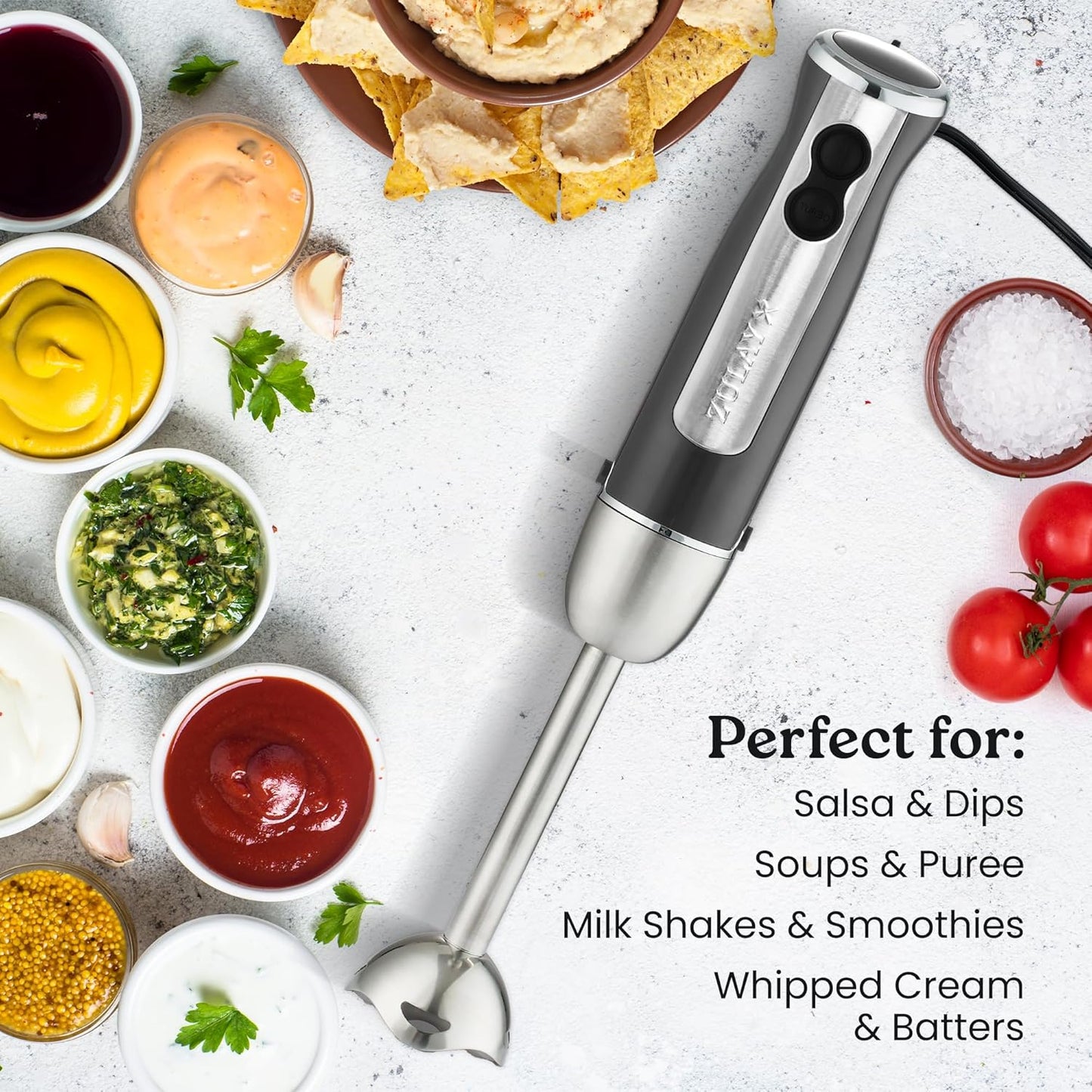 Zulay Immersion Stick Mixer Hand Blender - 800 Watts, Turbo Mode, 5-ft Power Electric Cord, Handheld Portable, Stainless Steel Blades - For Effortless Blending Smoothie, Soup, Baby Food, Puree - Gray