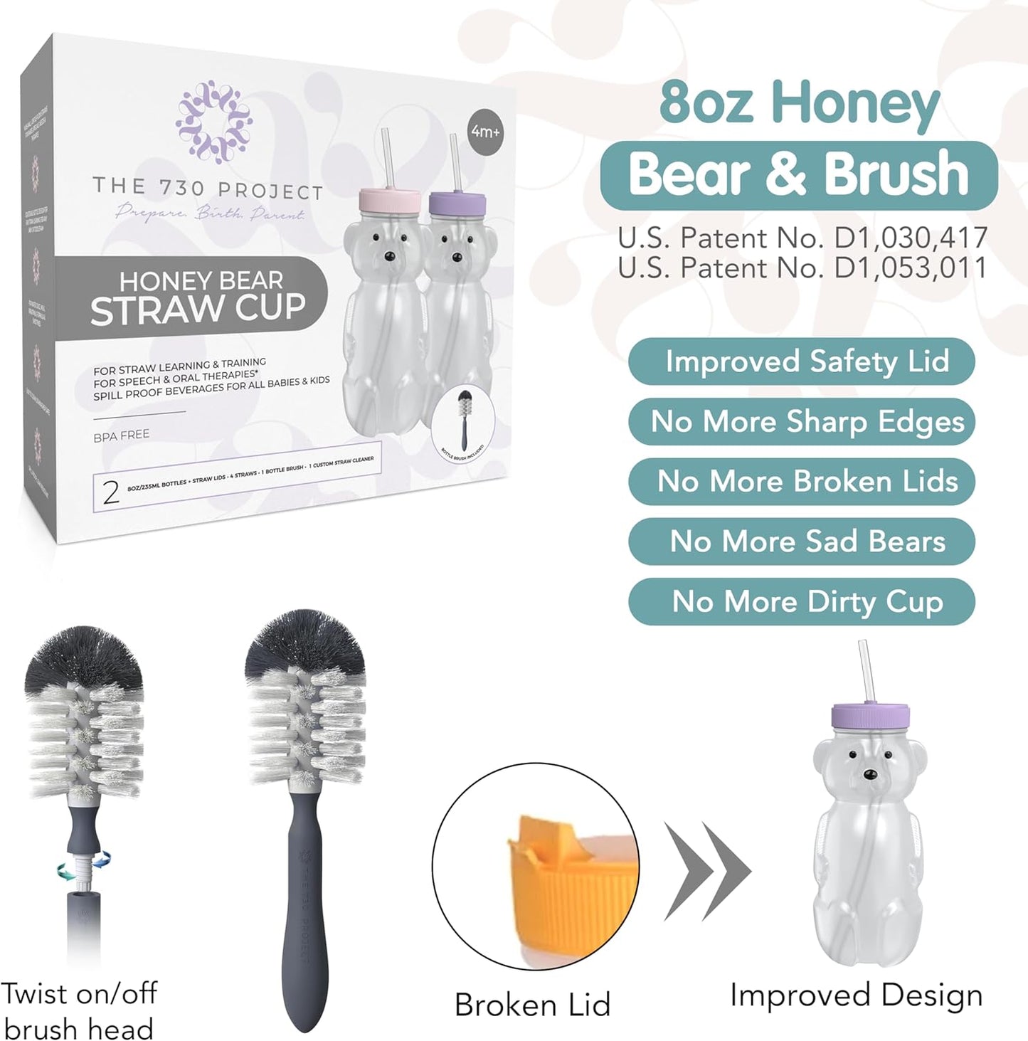 Honey Bear Straw Cup for Babies, 8oz Honey BearCup with Bottle Brush, 2-Pack Improved Lid Therapy Learning Honeybear Straw Cup for Baby Blueberry Pie & Firetruck