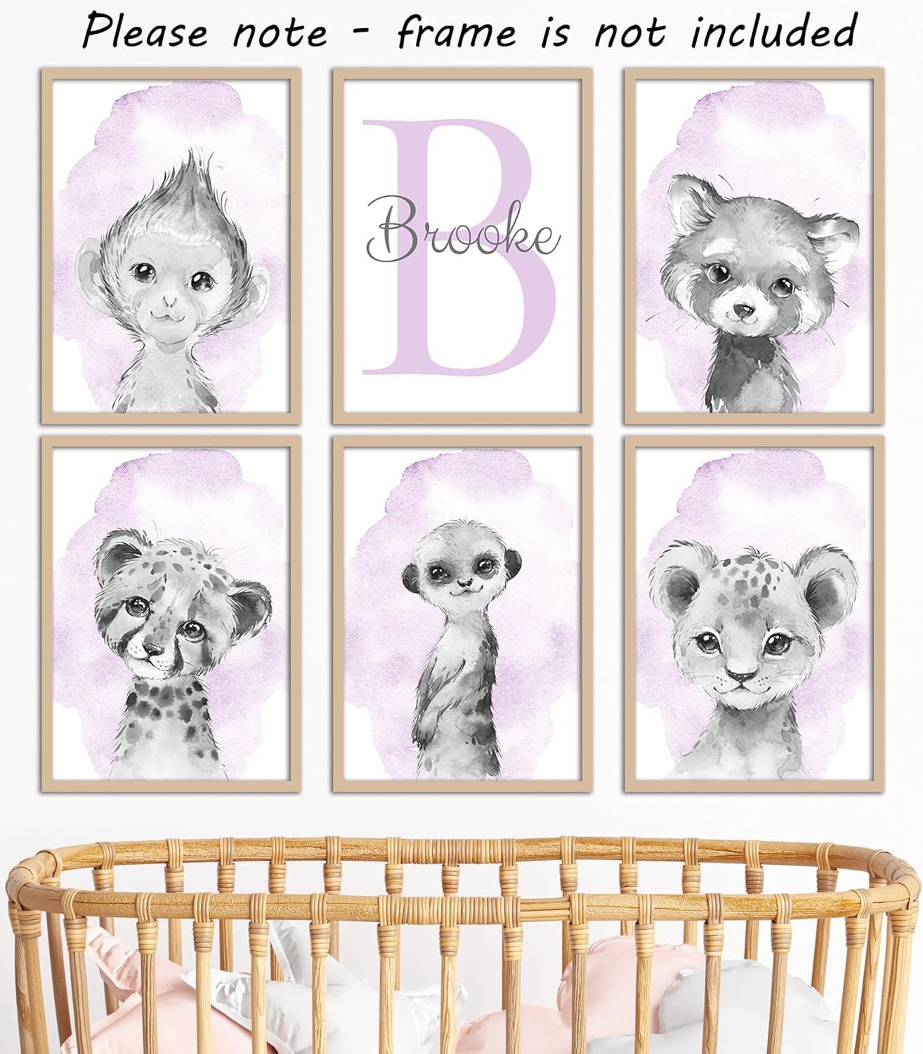 Safari Animals Set of 6 Unframed Poster Prints for Baby Girls Nursery Bedroom Playroom, Personalized Name, Choice of 12 Animals, Pink Purple (9x12)