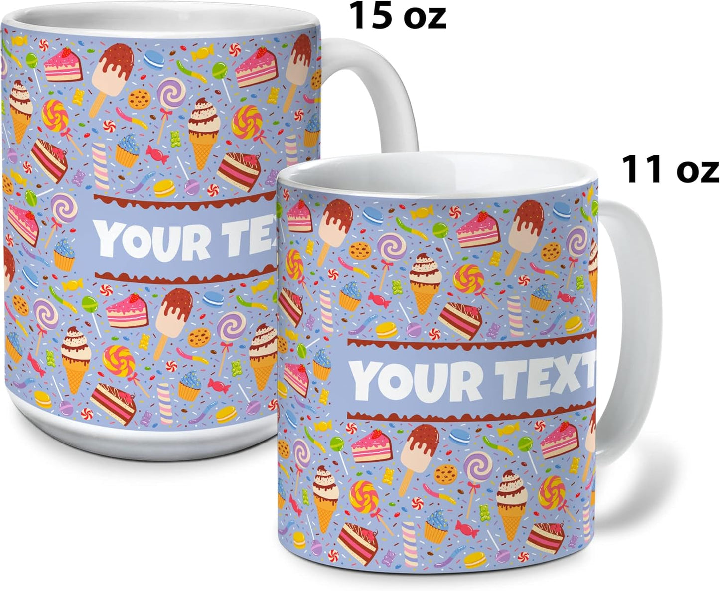 Personalized Mug for Kids - Sweets - Custom Name/Text, Ceramic Hot Chocolate/Cocoa/Coffee Cup for Boys/Girls, Birthday/Christmas/Holiday Gift - 11 oz, Light Blue Handle