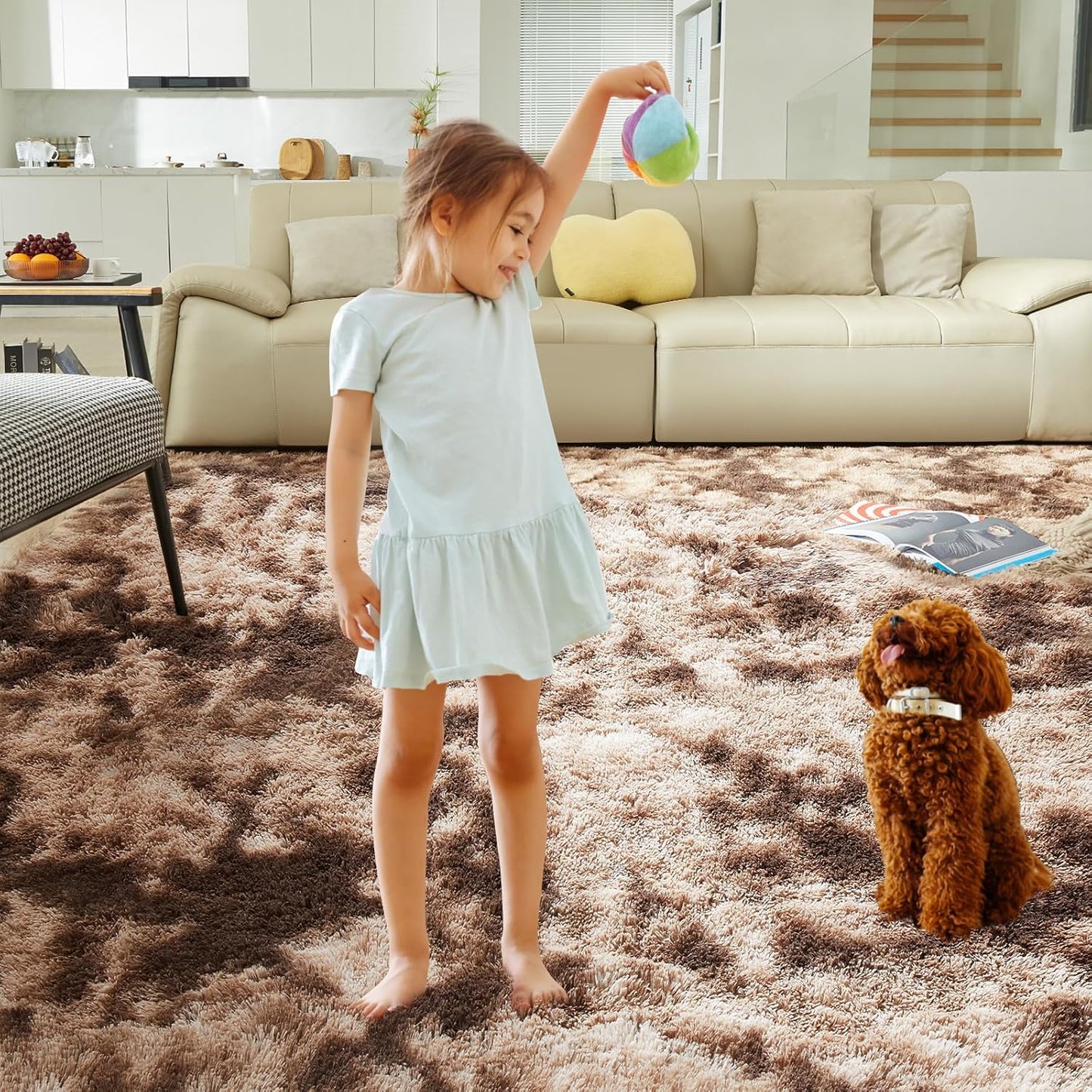 Ultra Soft Rug for Living Room, 9X12 Fluffy Shag Area Rug for Bedroom, Modern Shaggy Carpets Fuzzy Rug for Teens Dorm Nursery Home Decor Aesthetic, Upgrade Anti-Skid Durable, Tie-Dyed Coffee