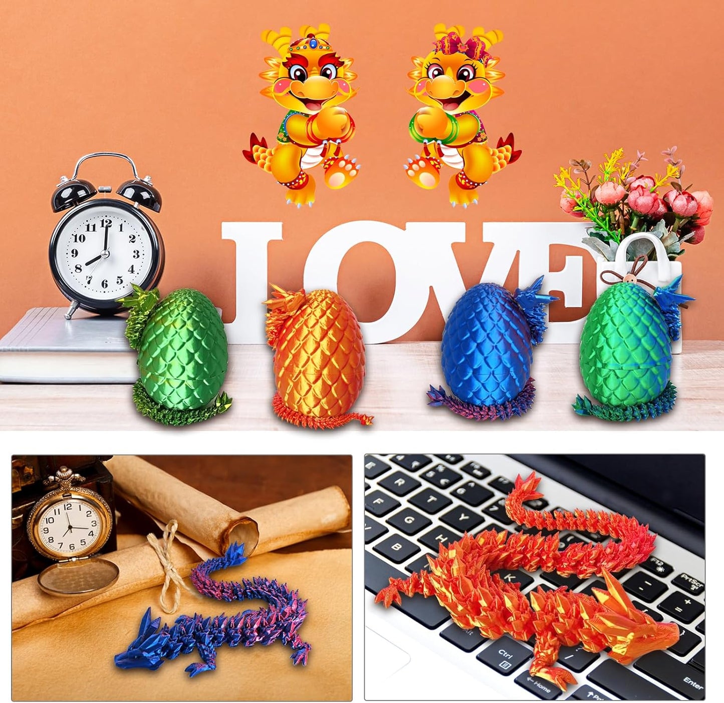 3D Printed Dragon Egg, 3D Printed Articulated Dragon Eggs with Dragon Inside, Crystal Dragon Fidget Toy, Adults Fidget Toys, Mystery Dragon Egg for Autism and ADHD（Laser Red）