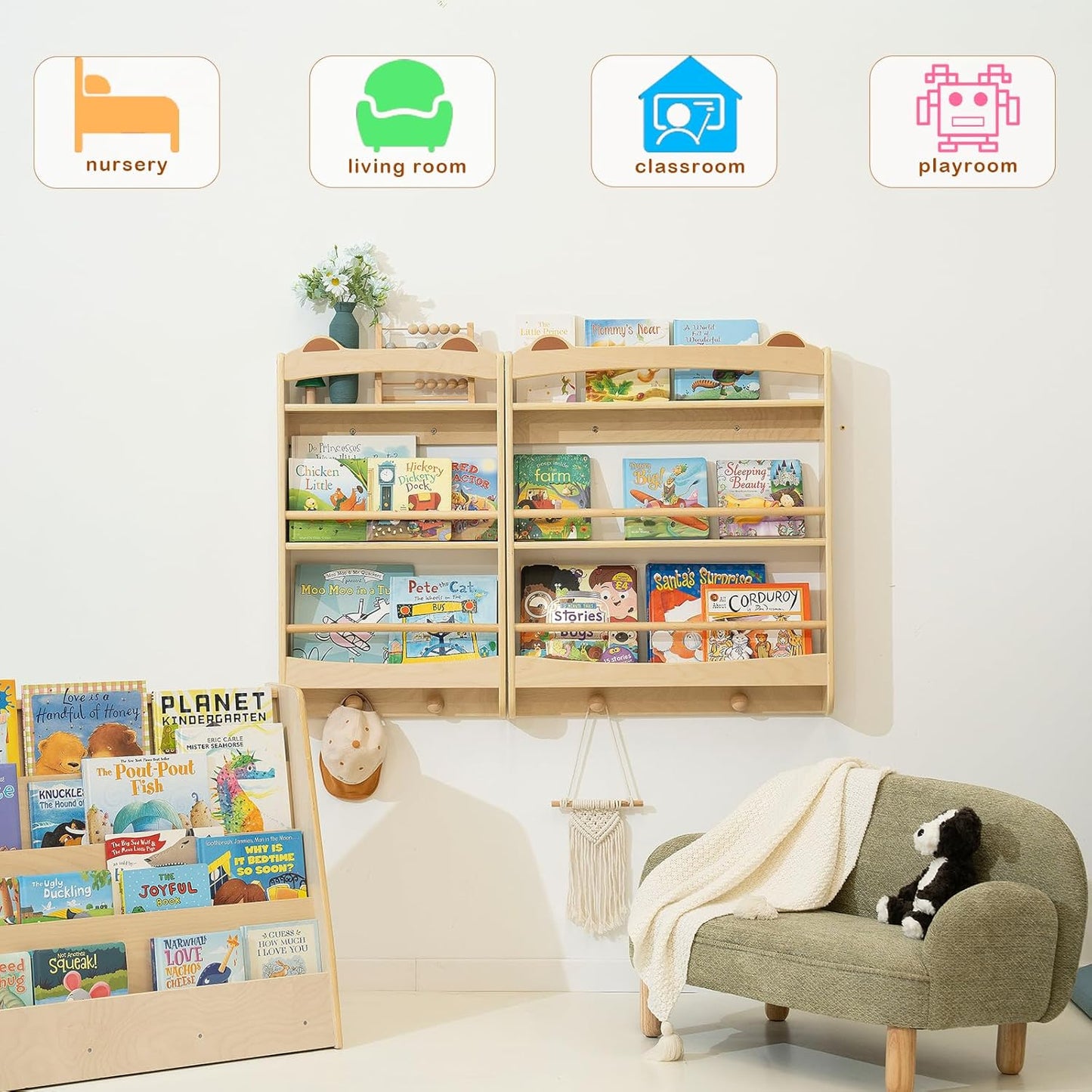 Wall Bookshelf - 3-Tier Floating Wooden Shelves for Kids Room, Nursery, Baby Room, Playroom, Living Room - Birch Hanging Montessori Bookshelf (Narrow)